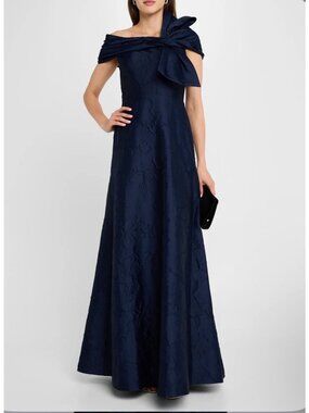 Rene Ruiz Navy Blue Off-Shoulder Floral Embossed Bow Gown Dress Size 10